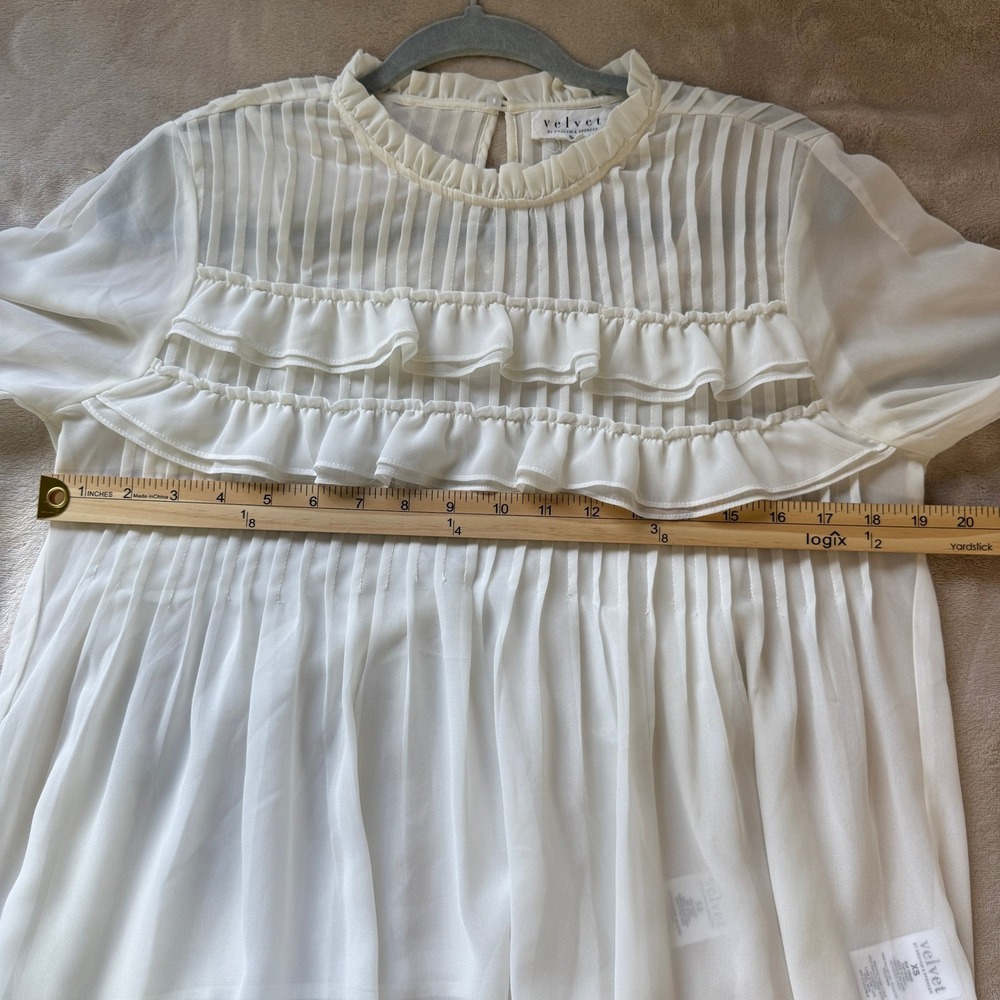 Velvet by Graham & Spencer Ivory Sheer Pleated Ruffle Long Sleeve Blouse XS - Picture 4 of 7